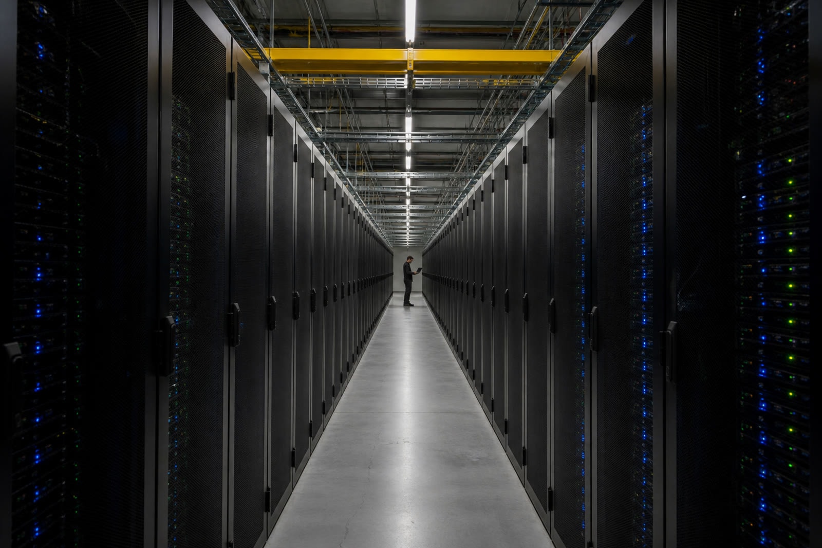 A long corridor of server racks inside a hyperscale data center