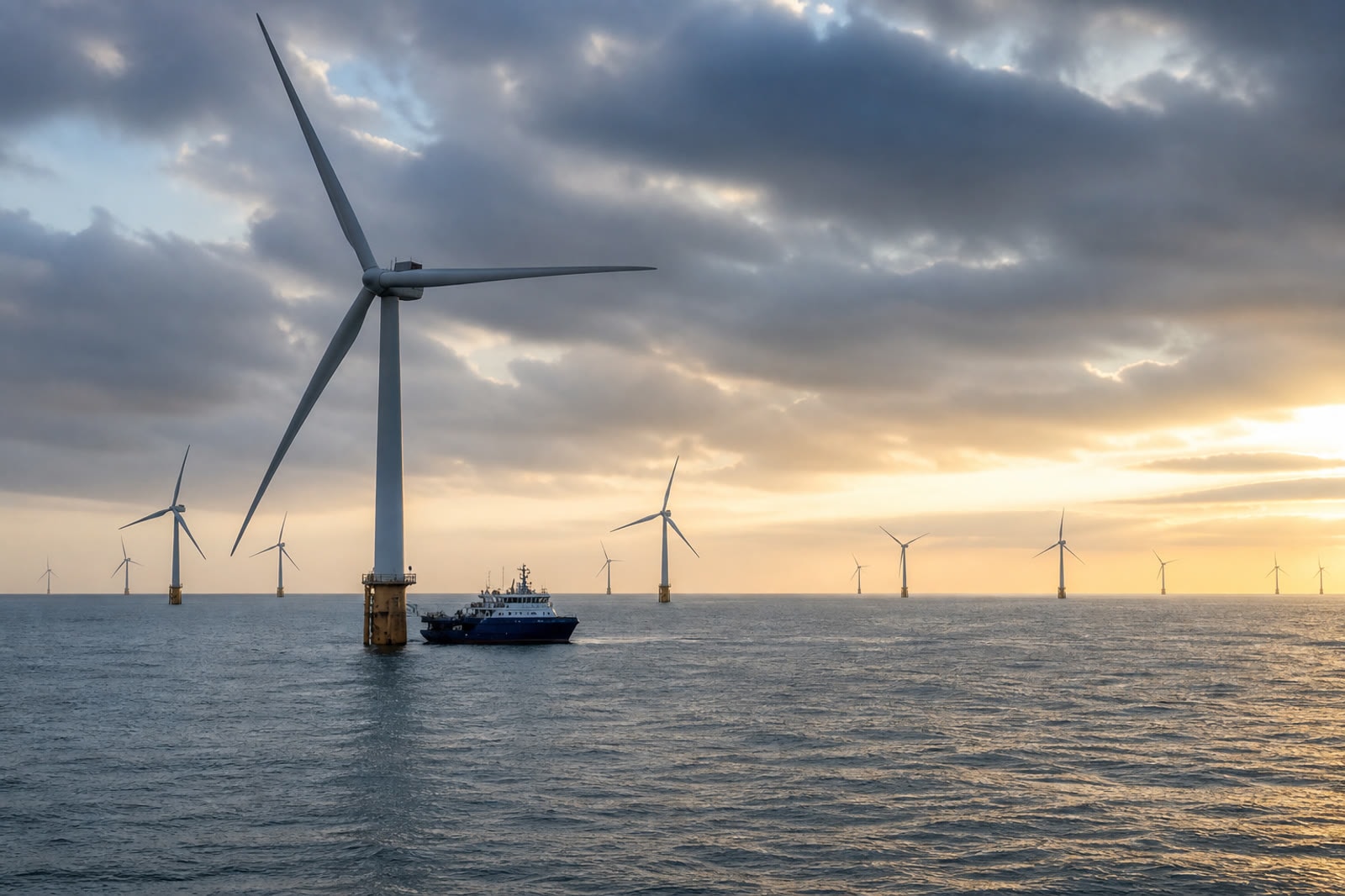 Offshore wind turbines at dawn with a service vessel nearby
