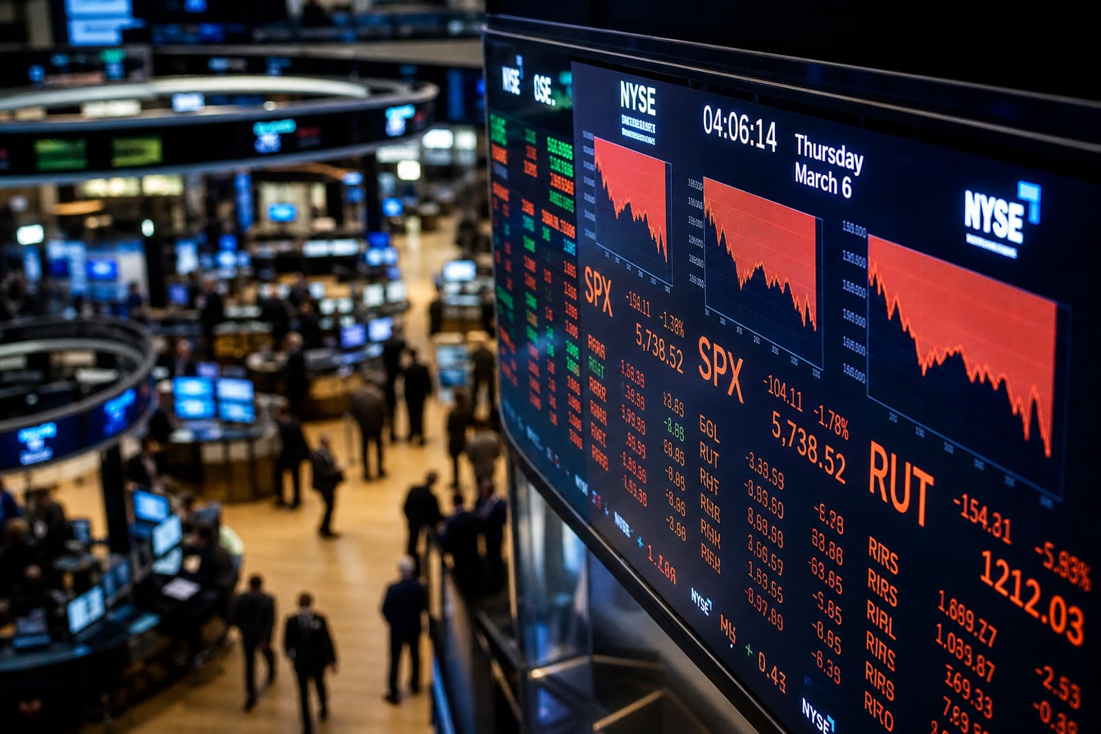 Traders on an exchange floor beneath large screens showing rising market indices