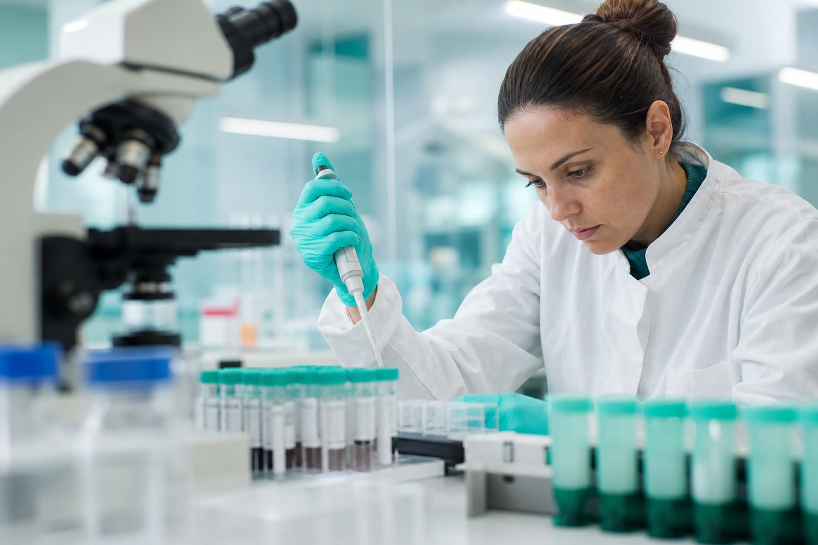 A researcher pipetting samples in a modern biotechnology laboratory