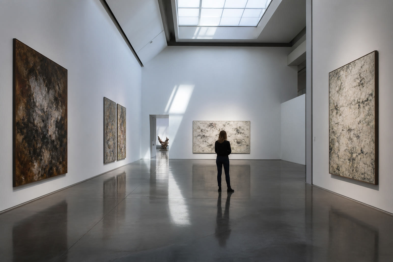 A lone visitor in a vast, light-filled museum gallery