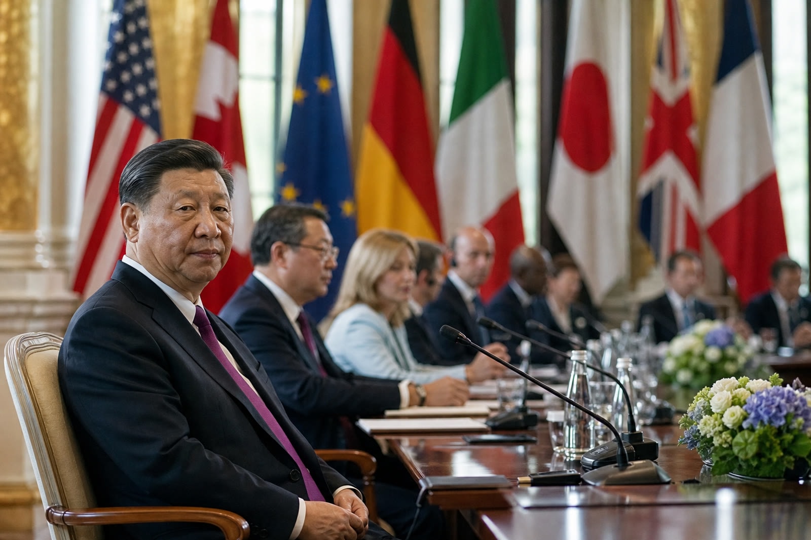 A summit hall lined with national flags ahead of trade negotiations