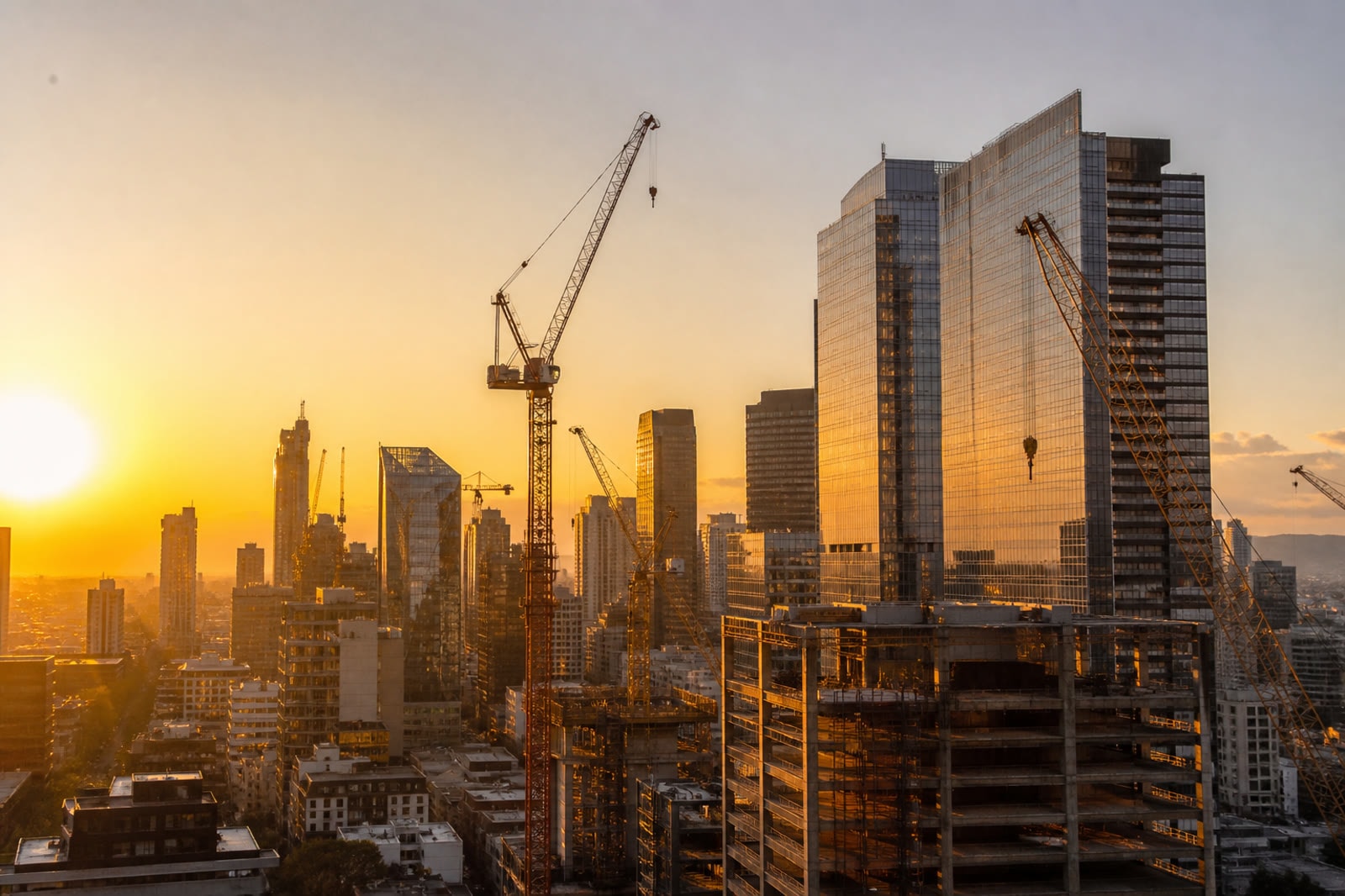 Construction cranes over a city skyline at golden hour
