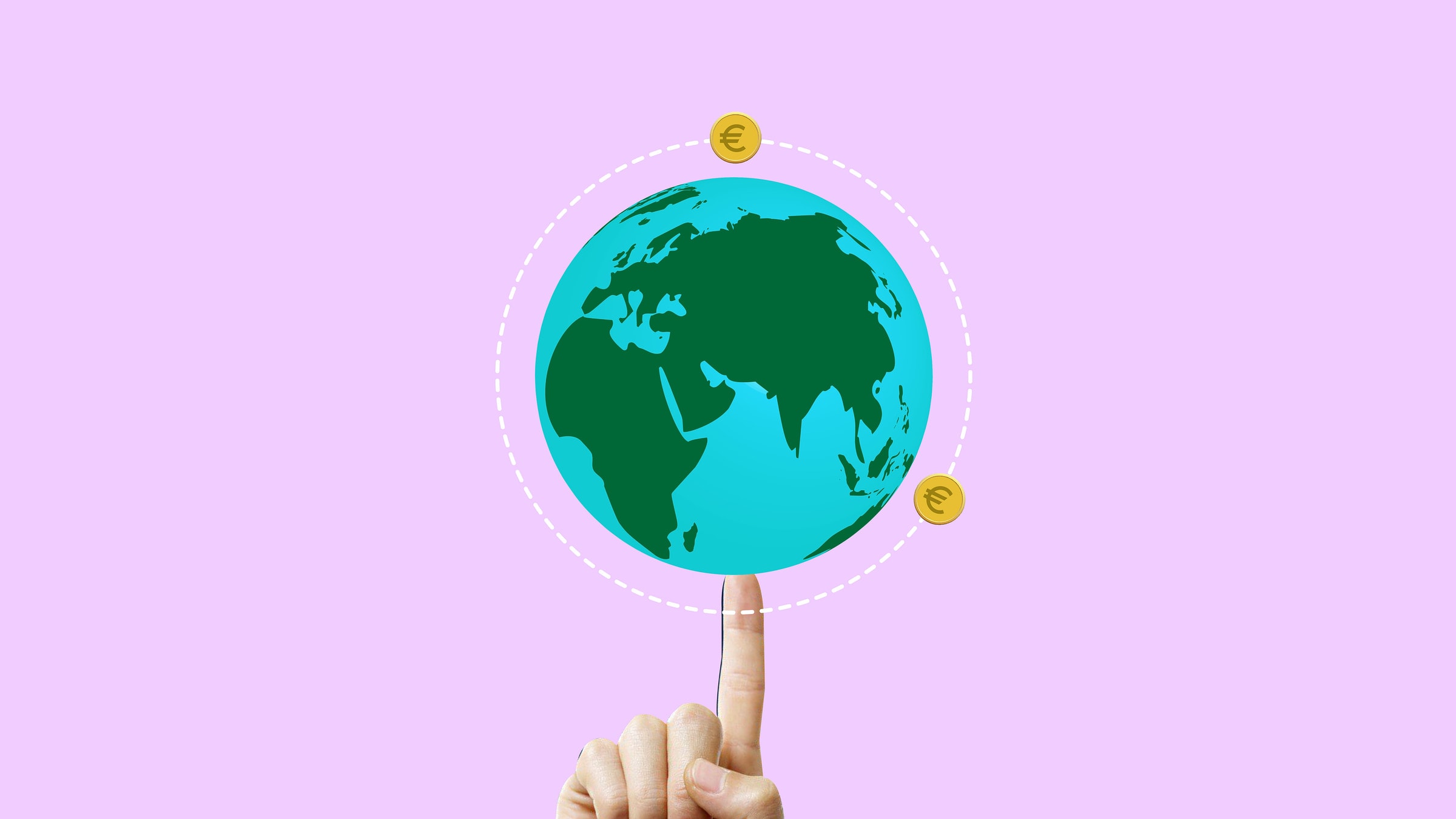 Hand balancing Earth with Euro symbols, illustrating global economy.